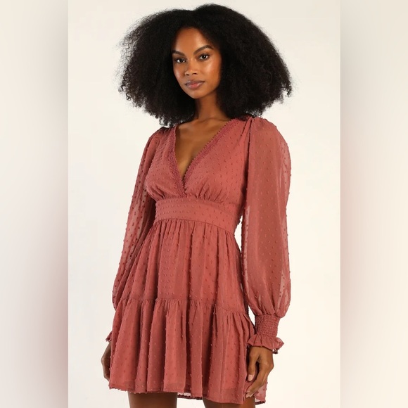 Lulu’s Charming Approach Rusty Rose Swiss Dot Tiered Mini Dress Size Medium - Picture 1 of 11